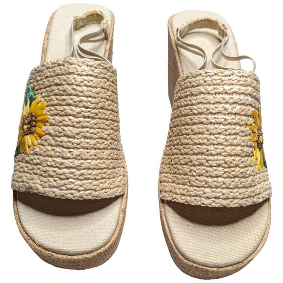 Vtg Y2K Ivory Woven Raffia Sunflower Chunky Wedge Heel Slingback Sandals 10 - Picture 2 of 7